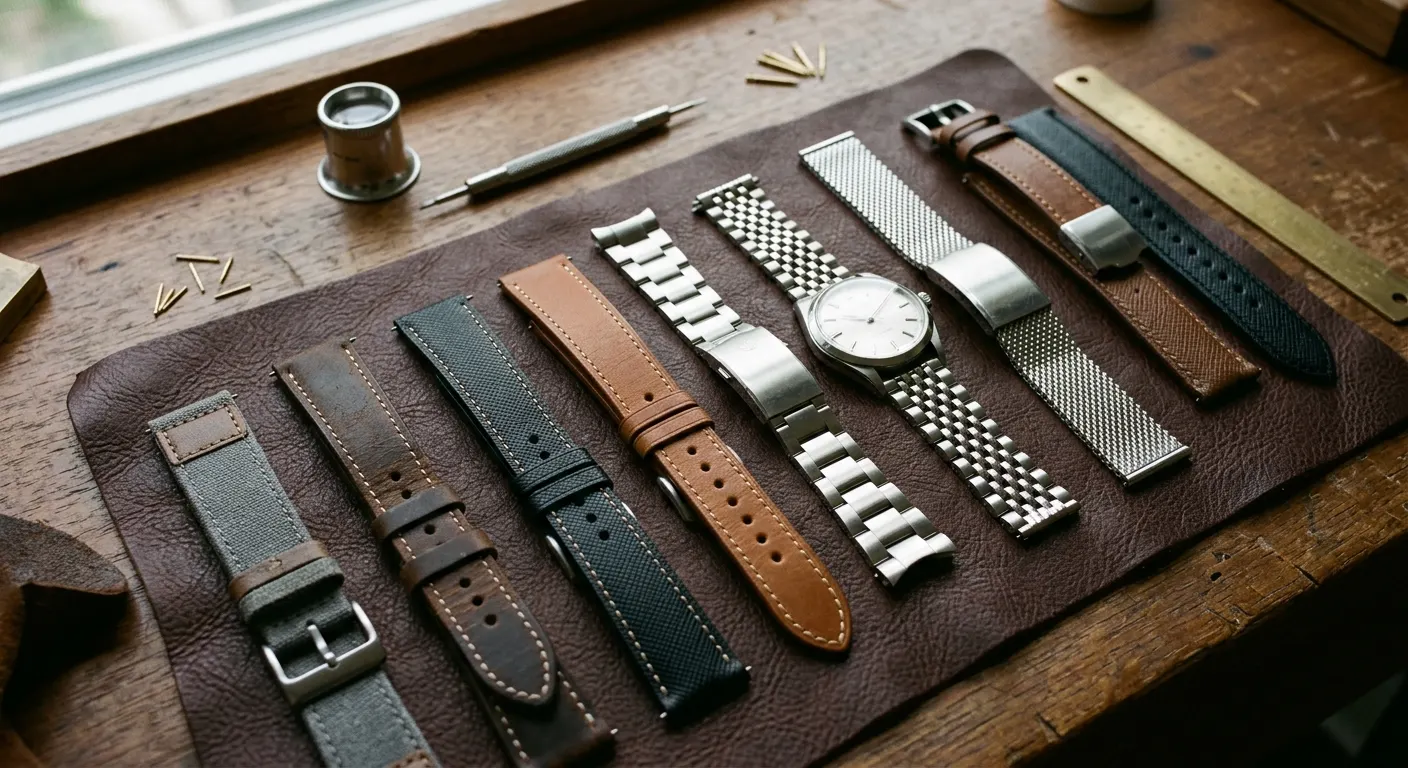 Affordable watch straps laid out on a leather surface