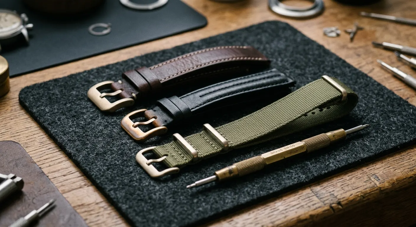 Leather and NATO watch straps on a dark charcoal watchmaker bench with champagne-gold buckle hardware